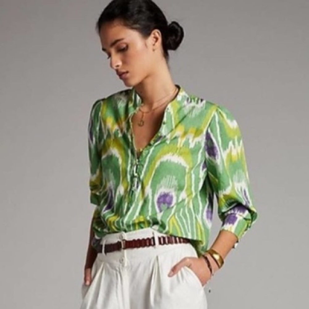 ANTHROPOLOGIE Sharona Henley Blouse Green Motif L